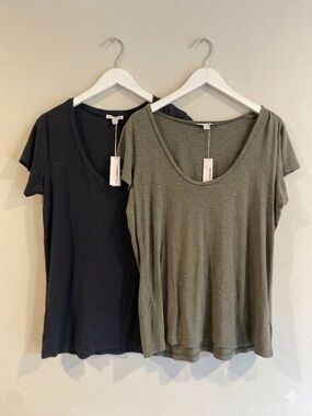 James Perse Bundle (2) Sheer Slub Side Panel Deep U-Neck Tees Black Olive 3 READ